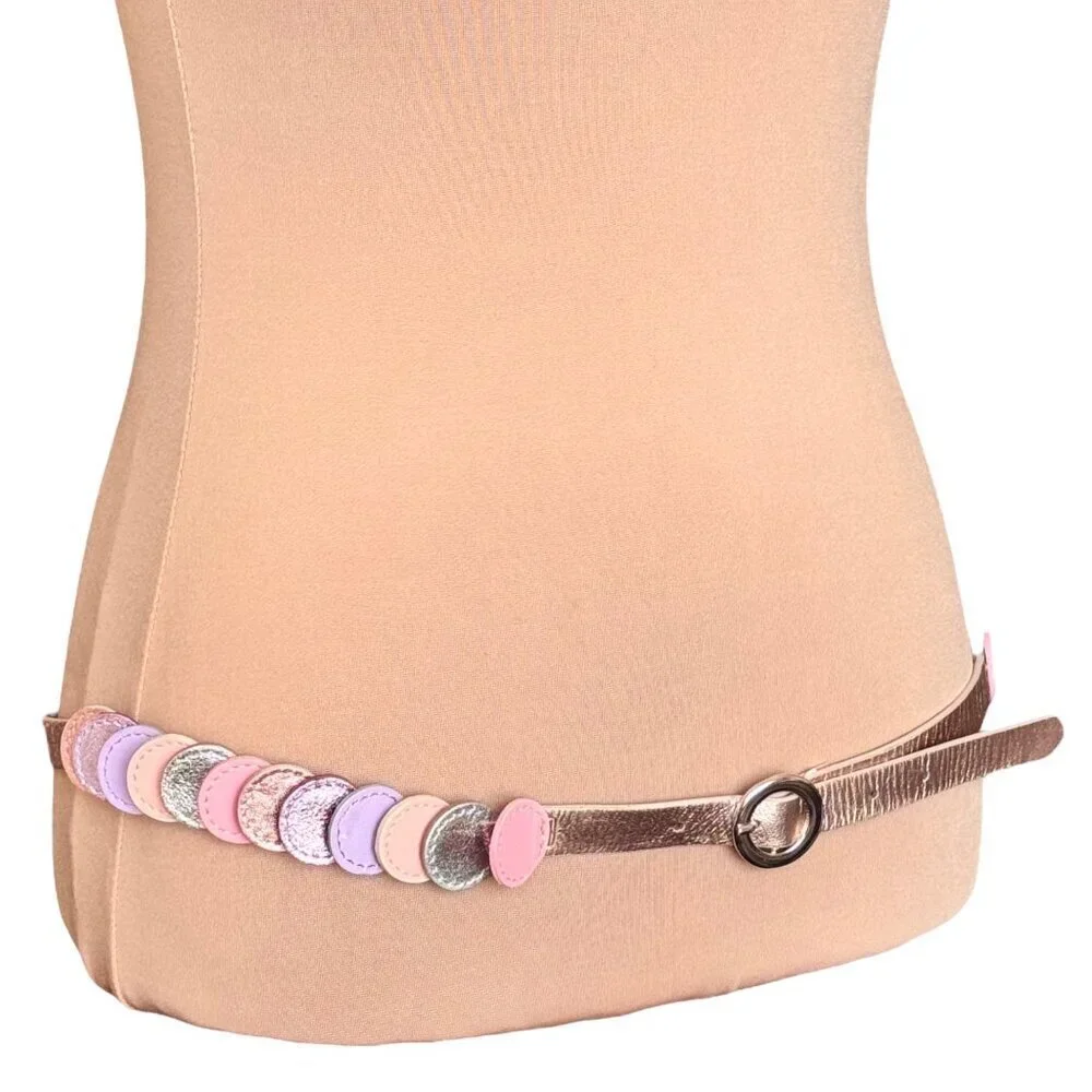 Vintage Cole Haan Slim Metallic Leather Belt Sz L Rose Gold Round Accents 90s